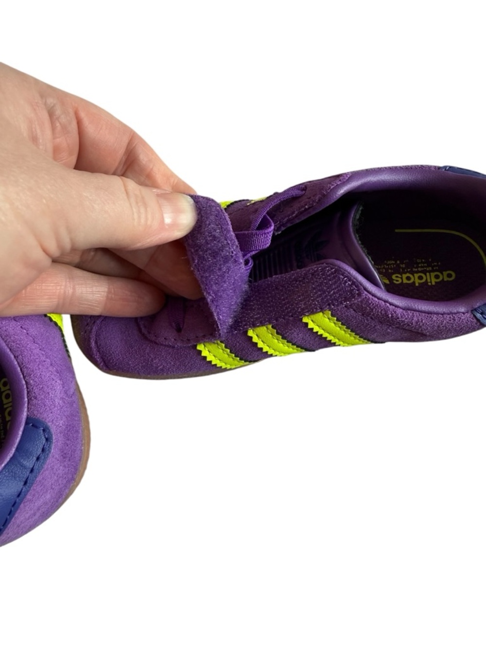 adidas Kids Gazelle Suede Sneaker - Purple with Neon green Stripes - Picture 8 of 11